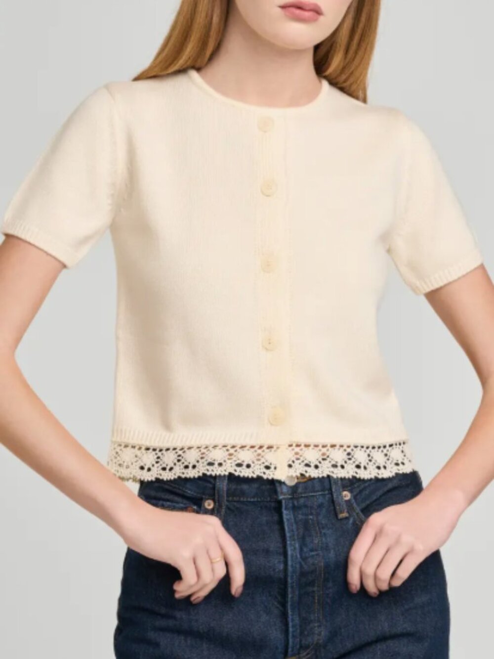 WAYF Carine Lace Trim Button Front Cardigan – Cream XS – Short Sleeve Knit – NWT